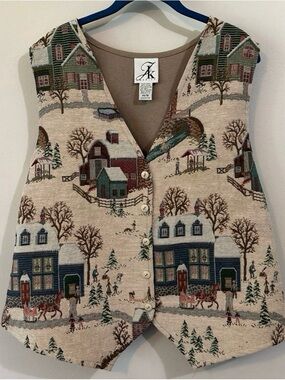 Vintage Tapestry Winter Village Button-Front Vest - Beige & Blue